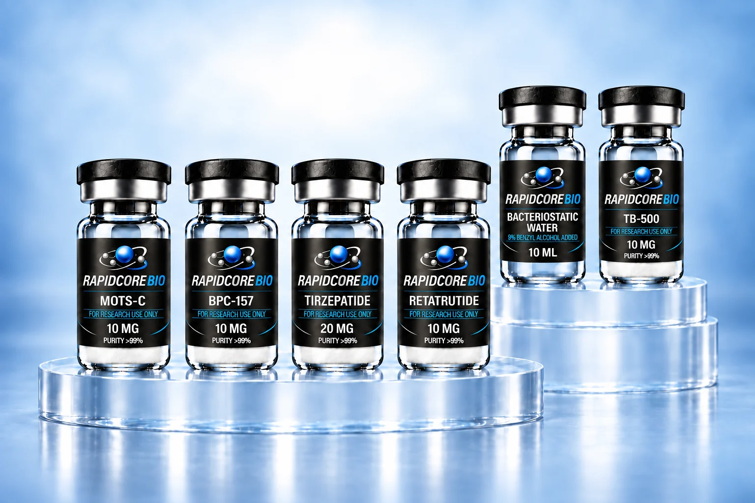 RapidCore Bio MOTS-C, BPC-157, tirzepatide, retatrutide, bacteriostatic water, and TB-500 vials on clear blue pedestals